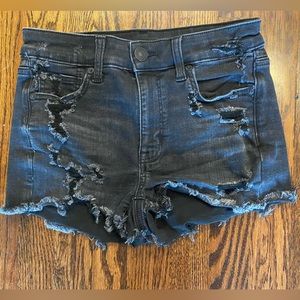 American Eagle‎ Womens Size 4 Black Hi Rise Shortie Distressed Denim Jean Shorts